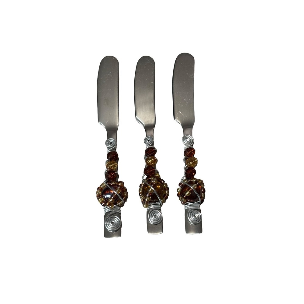 Handcrafted Wire Wrapped Beaded Butter Spreader Set 3 Stainless Steel Amber Gold
